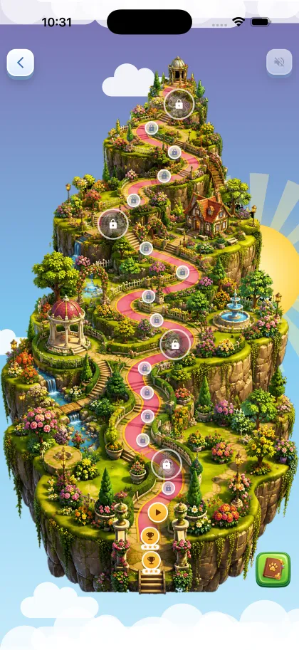 The Sunny Garden island map, with a winding path of levels climbing past a gazebo and a cottage.