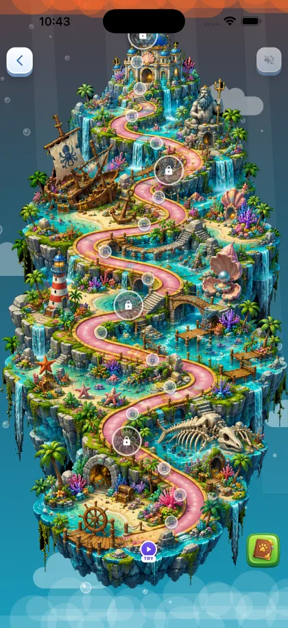 The Ocean island map, with a shipwreck, a lighthouse and a coral palace at the summit.